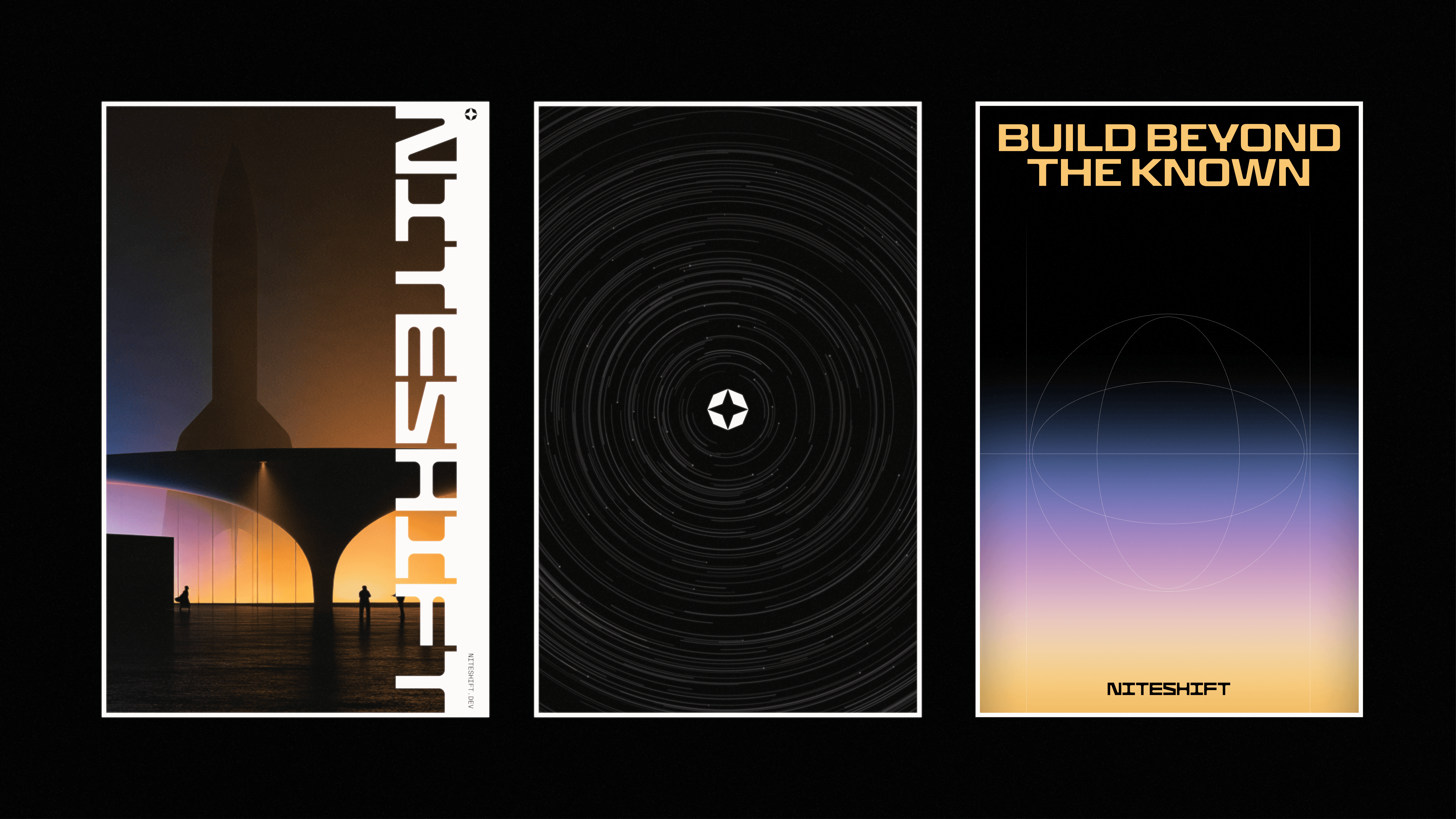 Three posters by a brand agency: the Niteshift wordmark, the North Star mark with orbital lines, and “Build beyond the known” above a warm horizon.