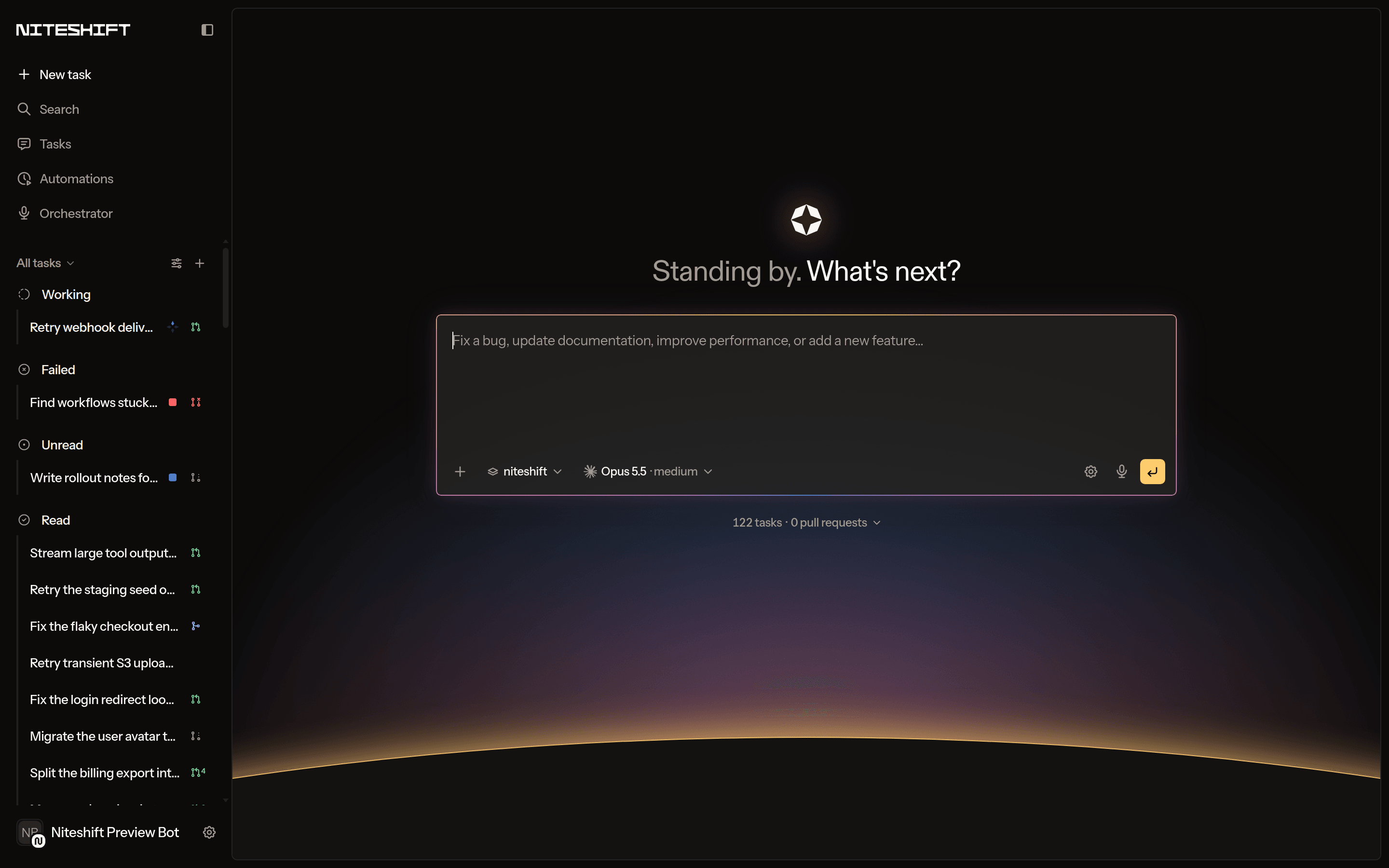 The 2026 Niteshift home page: the North Star mark, a headline, one prompt box and a sunset horizon.