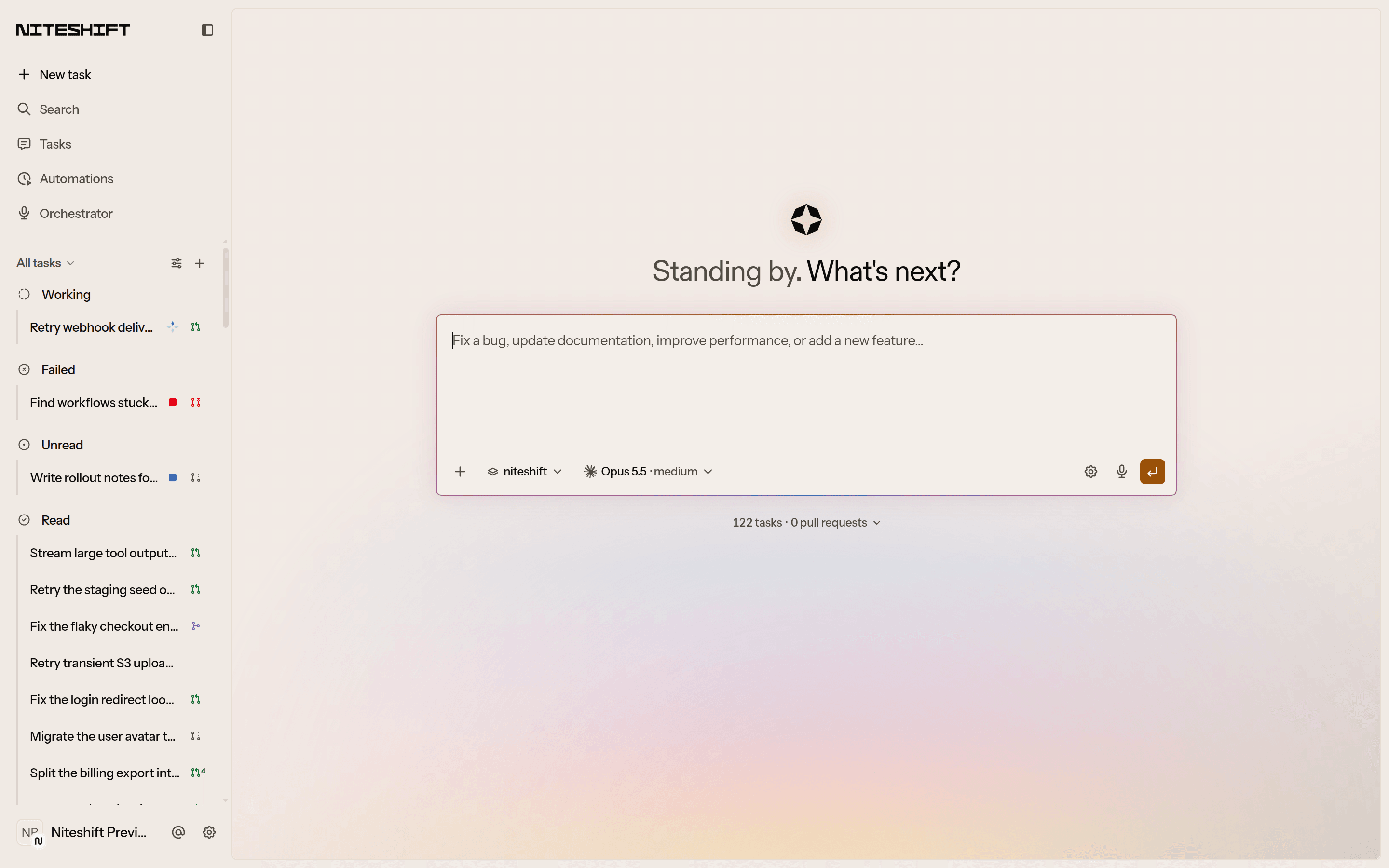 The 2026 Niteshift home page: the North Star mark, a headline, one prompt box and a sunset horizon.