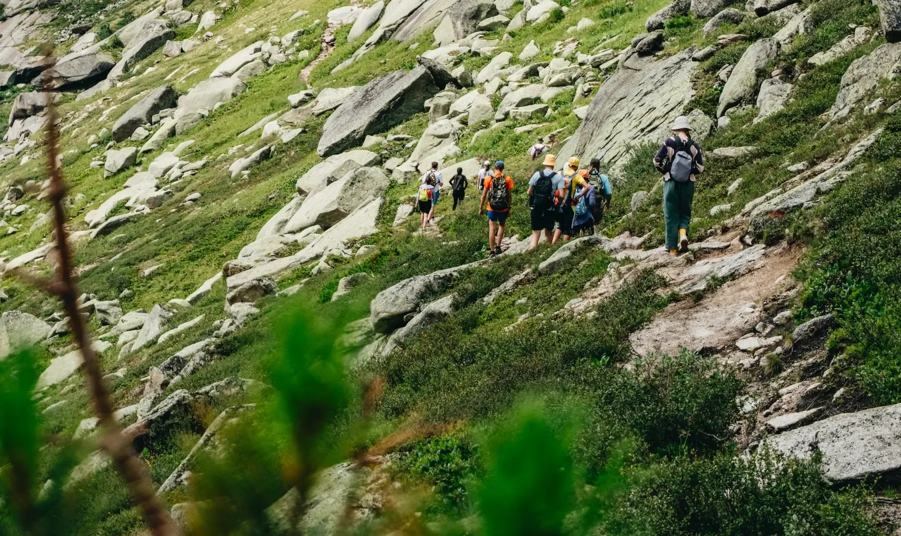 A small group of hikers on a trail across a green mountainside