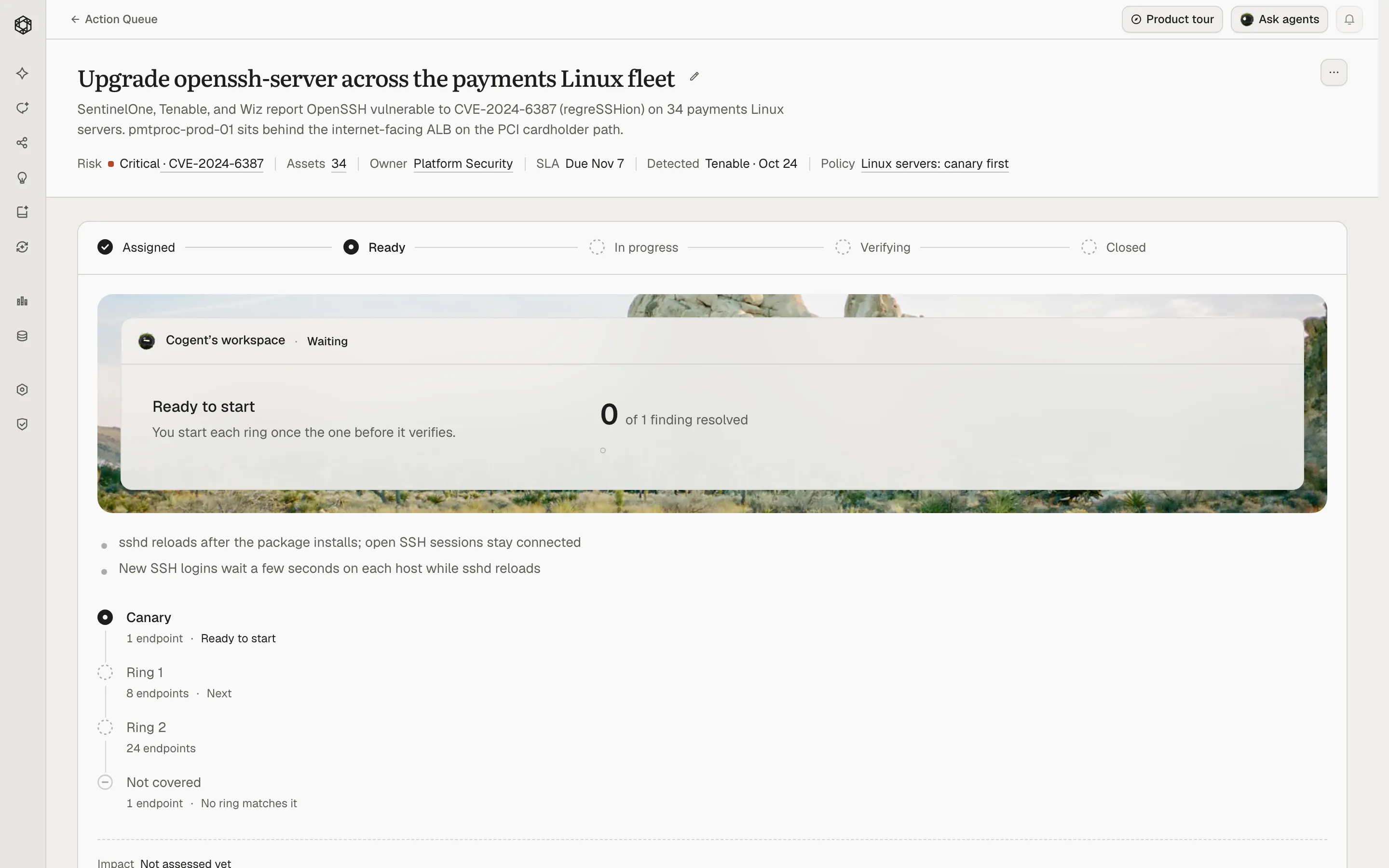 A Cogent work item in light mode, with a serif task heading and landscape photography framing the agent’s workspace and rollout status.