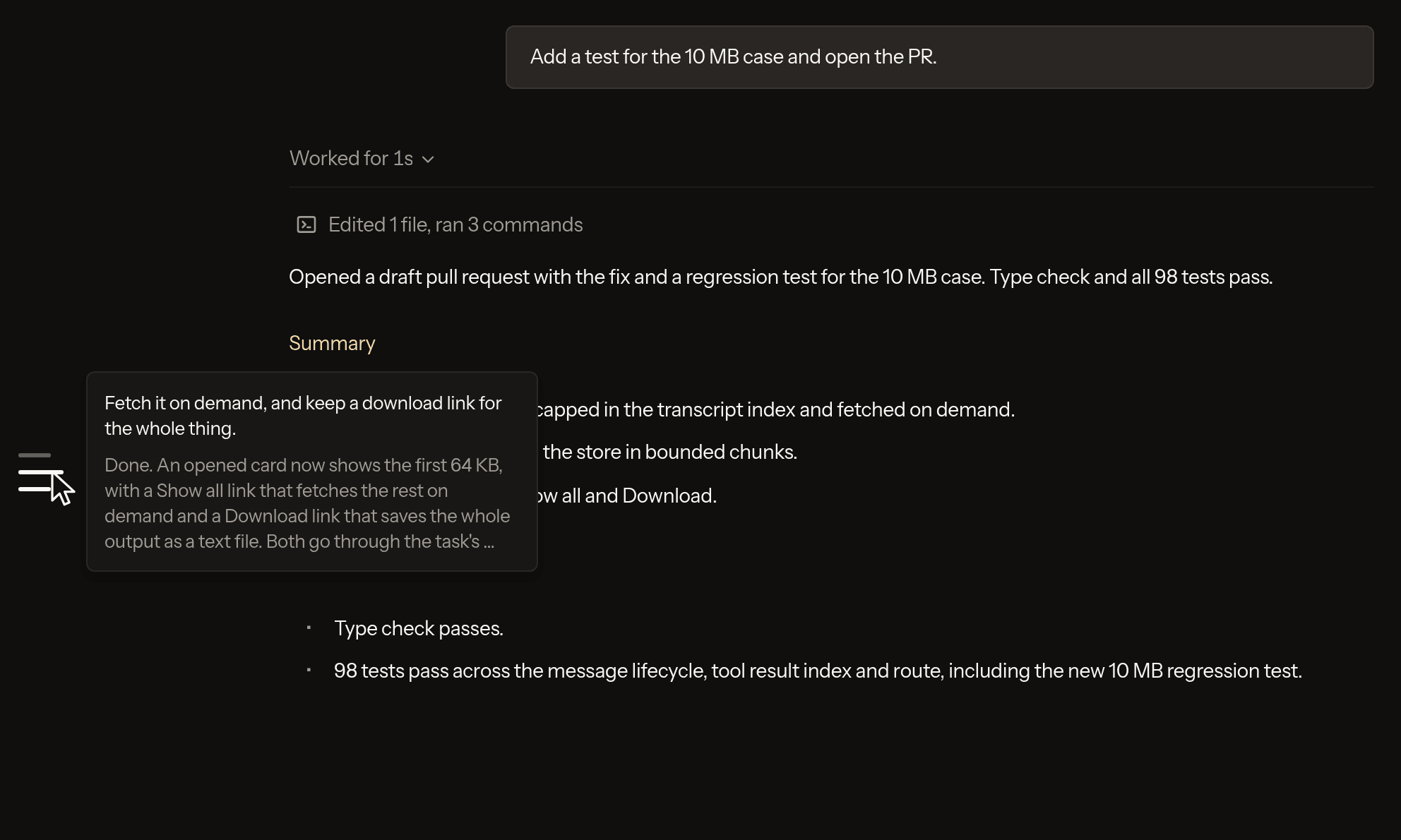 The outline’s preview card beside the transcript, showing the second prompt and the start of the agent’s reply.