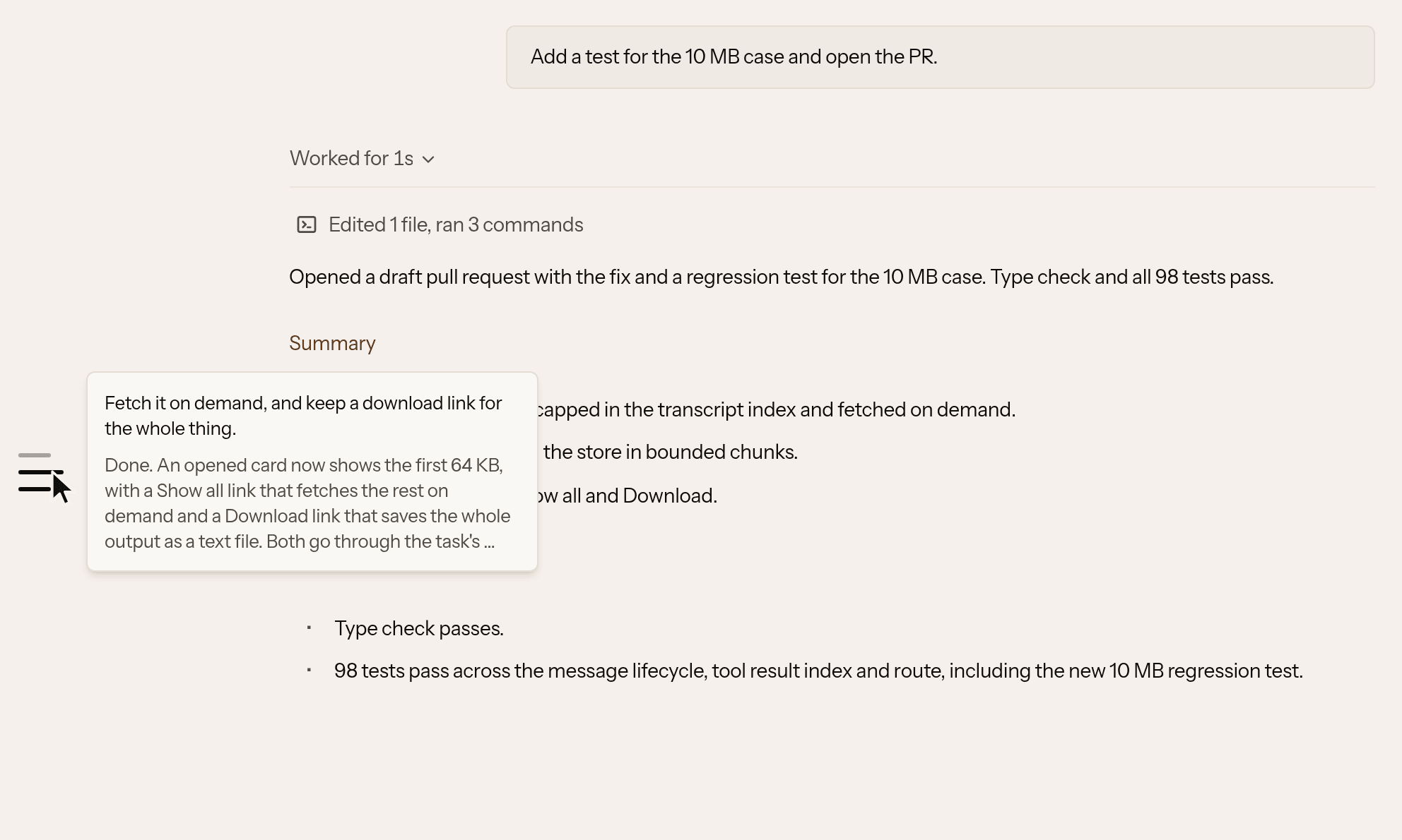 The outline’s preview card beside the transcript, showing the second prompt and the start of the agent’s reply.